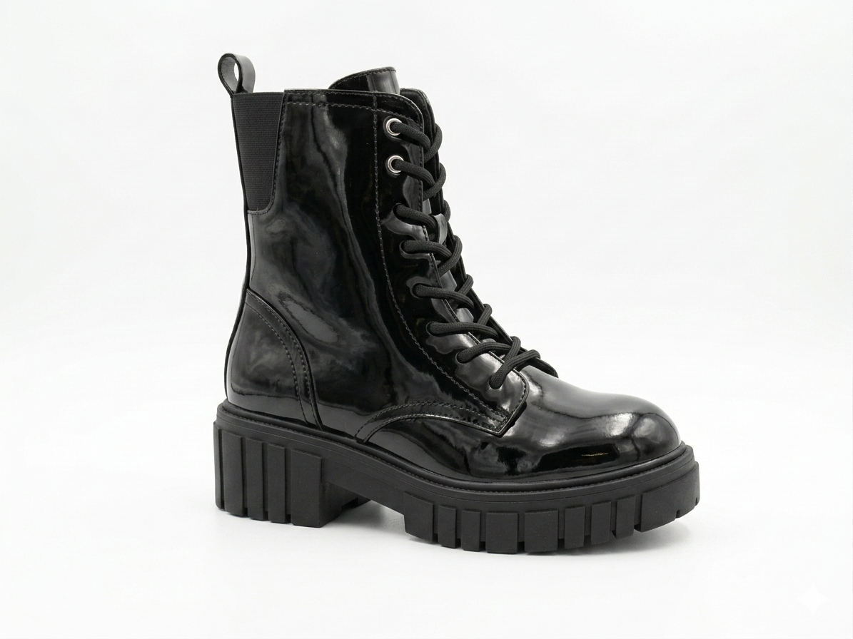 Burudani Ladies Patent Boot Black