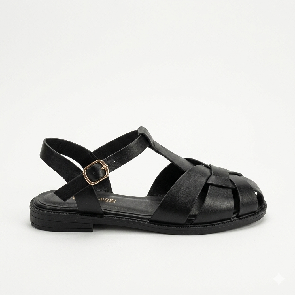 Why Flat Cage Sandal Black