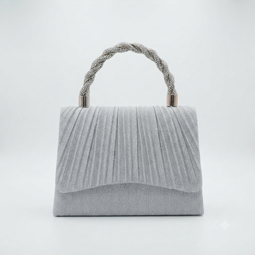 Evening Bag Ruched Sparkle Silver