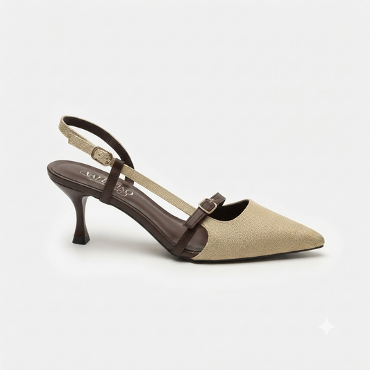 Why Pointy Buckle 2 Tone Kitten Heel Beige