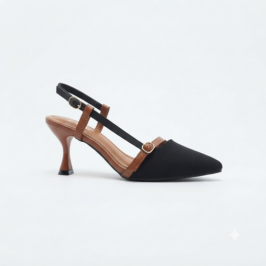 Why Pointy Buckle 2 Tone Kitten Heel Black