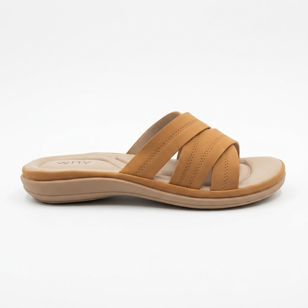 Why Comfort Cross Strap Slide Tan