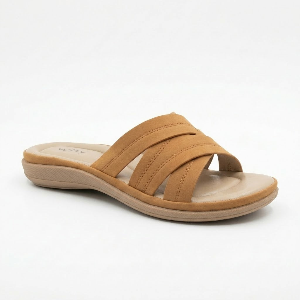 Why Comfort Cross Strap Slide Tan